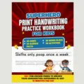 Detailed view of children handwriting practice workbook cover featuring vibrant superhero design. - Cartoon Style