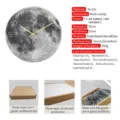 Acrylic moon wall clock specification details showing 30cm size and silent sweep movement. - Original Color