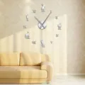 Large acrylic mirror wall clock with Roman numerals and cute rabbit design for living room. - Silver