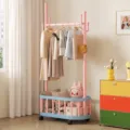 Mobile clothes rack with storage basket and wheels, pink metal garment rack for bedroom. - Single Pole Small / Pink
