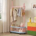 Mobile dopamine clothes rack with storage basket and wheels for bedroom and dorm organization - Single Pole Medium / Pink
