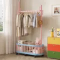 Mobile clothes rack with wheels, metal single rod garment stand for bedroom storage. - Single Pole Large / Pink