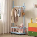 Dopamine mobile clothes rack floor standing coat stand with bottom storage basket and wheels. - Single Pole Small / Blue