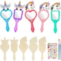 Houten eenhoorn spiegel knutselset voor kinderen, DIY prinses handspiegel om te schilderen. - Eenhoorn (10 Stuks) + Diamanten + 2 Pennen