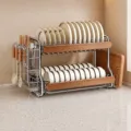 Stainless steel kitchen dish drying rack, 2-tier countertop organizer with utensil holder. - Retro 2-Tier Rack with Knife Holder & Cutting Board Rack
