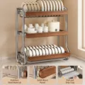 Stainless steel 3-tier dish drying rack kitchen organizer with wood grain panels. - Retro 3-Tier Main Rack