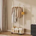 Mobile garment rack with storage basket, standing coat rack for bedroom and home use. - Single Pole Small / Cream White