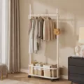 Mobile garment rack with storage basket and wheels, freestanding clothes hanger for bedroom. - Single Pole Medium / Cream White