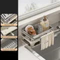 Stainless steel kitchen sink sponge holder caddy with automatic drain and towel rack. - Drainage Tray Rag Rack / Natural