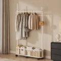 Mobile clothes rack floor-standing bedroom coat rack with storage baskets and wheels - Single Pole Large / Cream White
