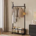 Modern metal clothes rack with storage basket, black freestanding garment display. - Single Pole Medium / Black