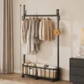 Modern metal rolling garment rack, freestanding clothes organizer with storage basket and hooks. - Single Pole Large / Black