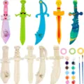 Kids DIY wooden pirate sword painting set, creative hand-painted craft toy with paints. - Pirate Swords 15 Pcs Set With Pigments Brushes Ribbons