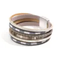 Bracciale multistrato in pelle PU stile bohémien per donna perline chiusura magnetica - Grigio