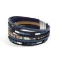 Bohemian multi-layer PU leather bracelet for women with colorful beads and magnetic clasp. - Sapphire Blue