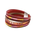 Bohemian multi-layer PU leather bracelet detail, colorful beaded braided fashion wristband. - Red