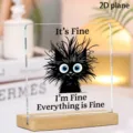 Acrylic desktop ornament detail showing cute cat graphic and wooden base for home decor. - Style 77