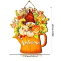 Autumn wooden welcome sign hanging plaque with pumpkin sunflower and gnome design for home decor. - Off White