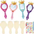 12 Stuks Kinderen DIY Houten Handspiegel Knutselset met Edelsteen Stickers - Kroon (12 Stuks) + Diamanten + 2 Pennen