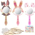 Kinderen DIY Houten Spiegel Kit Prinses Hand Spiegel Schilderij Kunst Speelgoed Feestje - Ronde Spiegel Konijn (9 Stuks) + Diamanten + 2 Pennen