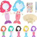 12Stk DIY Holz Meerjungfrau Handspiegel Bastelset mit Strasssteinen fuer Kinder Malerei Kunst. - Meerjungfrau (10 Stk.) + Diamanten + 2 Stifte