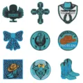 Detailed view of turquoise western cowboy embroidered patches set featuring boots and hats. - Set of 9 Pieces (DW9811C)