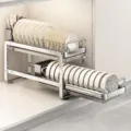 Stainless steel pull-out dish drying rack for kitchen cabinets, multi-layer bowl storage organizer. - Double Layer Large Dish Drying Rack