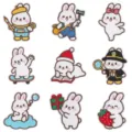 Detailaufnahme süßer Cartoon-Hasen-Bestickungsflicken, verschiedene DIY Deko-Aufnäher. - 9-teiliges Set