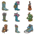 Westliche Cowboy bestickte Aufnäher Set mit Stiefel Kaktus und Gitarre Motiven. - Set mit 9 Stück