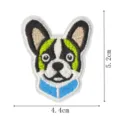 Close-up of cute French bulldog embroidery patch with blue collar and clear dimension specs. - Style 4 (DW9285-4)