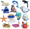 Joli ensemble de patchs brodés d'animaux marins, autocollants thermocollants pour vêtements. - Lot de 13 Pièces (9557)