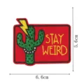 Detailed view of the cactus embroidered patch with Stay Weird text and clear size dimensions. - Cactus Lightning Style (DW9804-22)