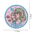 Detail view of the retro Virgo zodiac embroidered patch featuring a dreamy girl and owl design. - Virgo
