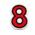 Close-up detail of the number 8 embroidered patch with clean red and black stitching. - Number 8