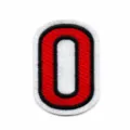 Embroidered number 0 patch with red and black stitching on white felt backing, iron-on. - Number 0