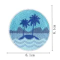 Round tropical island embroidered patch detail, blue ocean and palm trees, iron on craft. - Circular Island Coconut