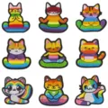 Cute cartoon rainbow cat embroidery patches set, zen yoga kitten DIY iron-on appliques. - Set of 9