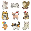 Cute cat embroidered patches set, adorable cartoon DIY iron-on stickers for clothing, bags and jackets. - Set of 9 Cat Patches