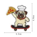 Cute pug chef iron-on embroidery patch with pizza and skateboard, detail size view. - Funny Dog Style (DW9249-7)