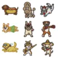Detailansicht süßer Cartoon Hunde Stickerei Patches Set, lustige Bügelbilder für Rucksäcke. - Set mit 9 Stück
