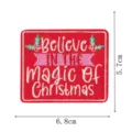 Christmas embroidered patch detail showing 6.8x5.7cm size and festive slogan design. - DW9813-25