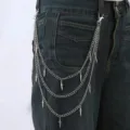 Gothic metal dagger pants chain detail shot, multi-layer punk waist chain accessory. - Silver
