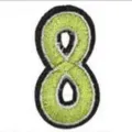 Embroidered number 8 patch detail view, green digit with black border for DIY clothing decoration. - 8