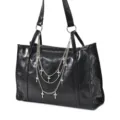 Black PU leather tote bag with multi-layer silver cross chains vintage commuter handbag - Small Cross Three-Layer Bag Chain