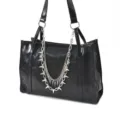 Black PU leather tote bag with punk silver chain and spike accessories, spacious commute style. - Double-Layer Rivets Bag Chain