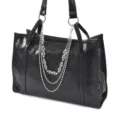 Black leather tote bag with punk skull chain accessories, versatile daily commuting shoulder bag variant. - Skull Three-Layer Bag Chain