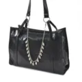 Black PU leather tote bag with metal skull chain pendant, retro punk style daily commuter bag. - Skull Tassel Bag Chain