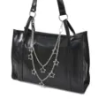 Sac cabas noir rétro minimaliste avec chaîne métallique double et pendentifs étoile pour bureau. - Chaîne de Sac Étoile Creuse