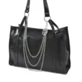 Sac cabas en cuir PU noir avec chaînes métalliques et pendentif pentagramme pour femmes. - Chaîne de Sac Pendentif Étoile à Cinq Branches
