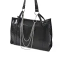 Sac cabas noir de grande capacité avec chaînes argentées tendance, élégant sac bandoulière rétro. - Chaîne de Sac à Anneau Unique à Trois Couches